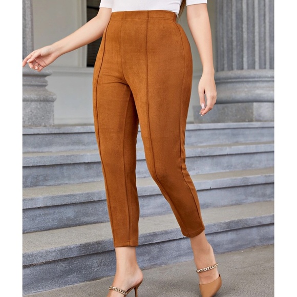 Pants - Plus Rust Brown Vegan Suede High Waisted Fitted Skinny Pants